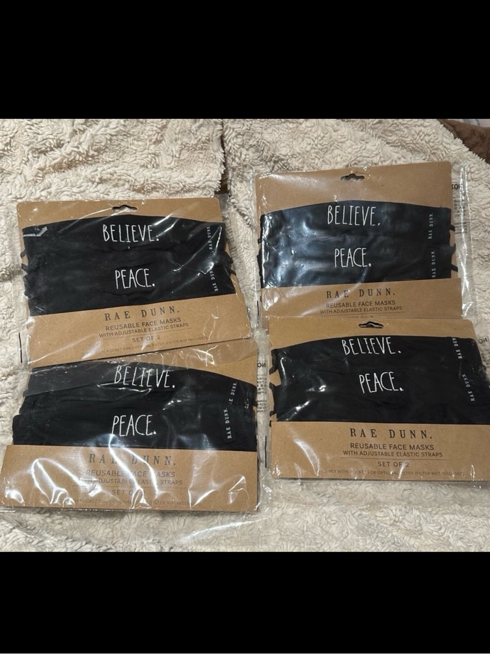 RAE DUNN 4 Packages Stitched Believe & Peace Reusable Fabric Black Masks NEW!